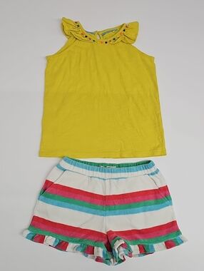 Boden Bright Yellow Ruffle Tank with Cream Striped Shorts Size 6-7y